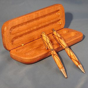 Curly Sycamore and Walnut veneer pen and pencil set with a Lacewood storage