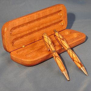 Curly Sycamore and Walnut veneer pen and pencil set with a Lacewood storage