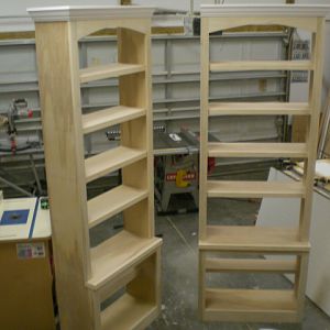 Mirror Image Book Cases before applying bead board backs and arched, bead b