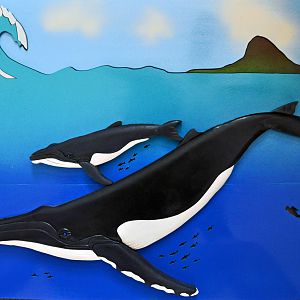 Intarsia Gray Humpback Whale and Calf with Hawaiian Backdrop