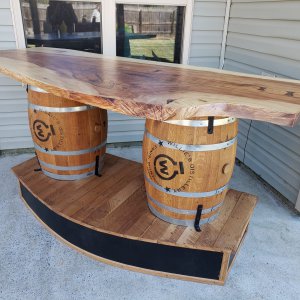 Pecan Slab and Whiskey Barrel Bar