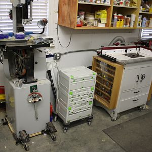 Bandsaw, rolling parts cabinet, Router Table