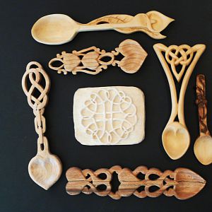 Love spoons and  unfinished Celtic relief carving