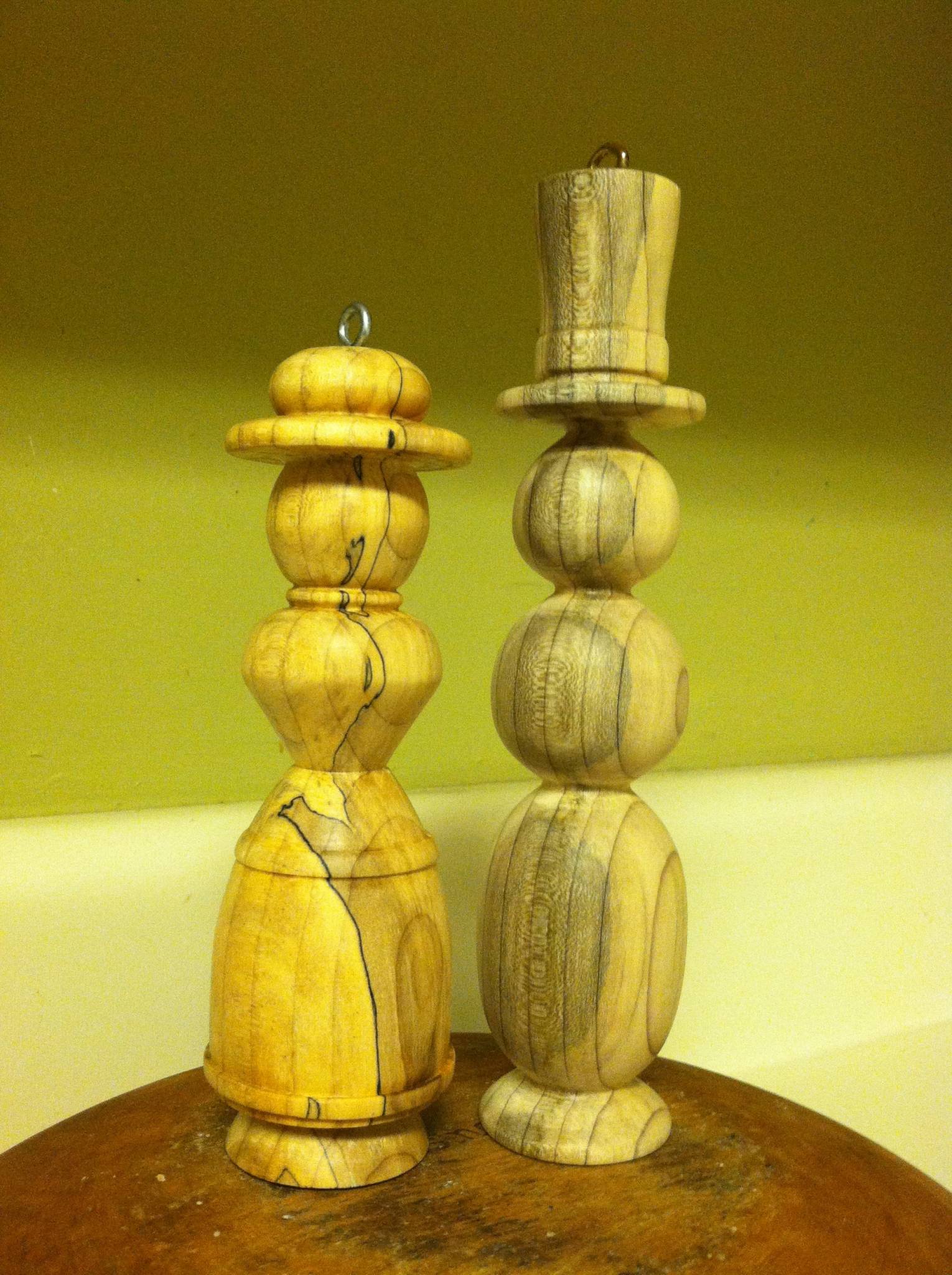 The Magnolia Spalted Snowman and Lady Ornaments